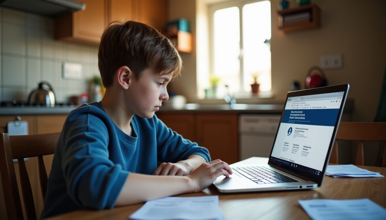 Een bezorgde ouder kijkt naar een overheidswebsite voor kinderbijslag.