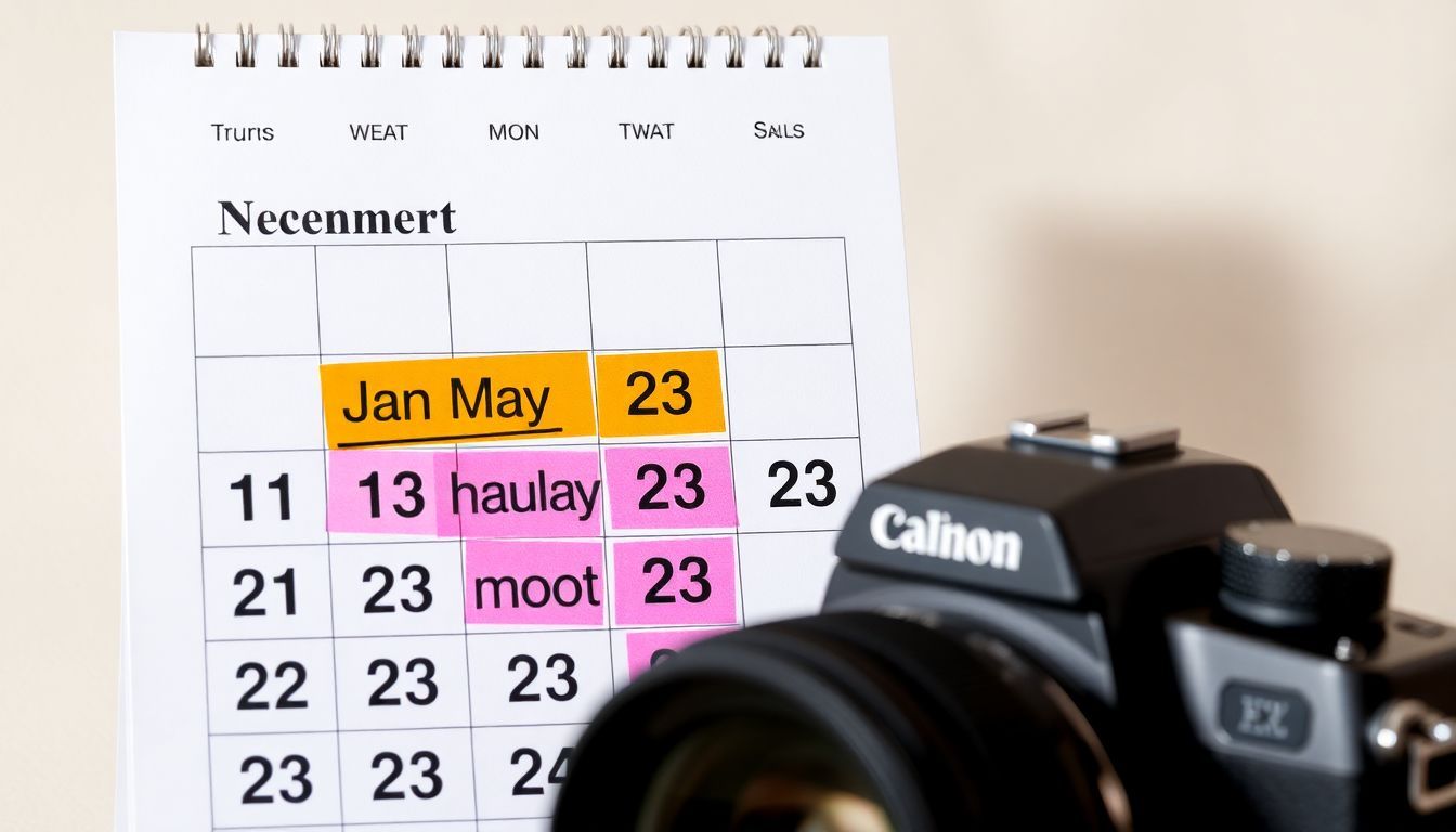 Een kalender met belangrijke datums gemarkeerd in felle kleuren.