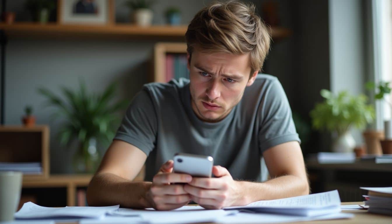 Persoon controleert zenuwachtig bankbericht na inwisselen van AH Koopzegels.