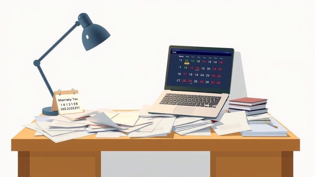 Een rommelig bureau met papieren, laptop en kalender, waardoor stress wordt uitgestraald.