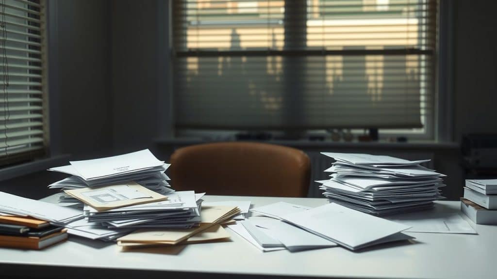 Een rommelig bureau met ongeopende enveloppen en verspreide papieren.