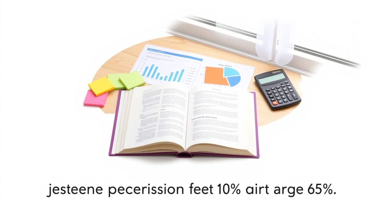 Financiële planning voor pensionering na 65 jaar met boek, rekenmachine en grafieken.